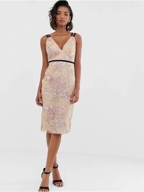 ASOS Design Occasion Blush Floral Embroidered Midi Black Straps Dress, NWT